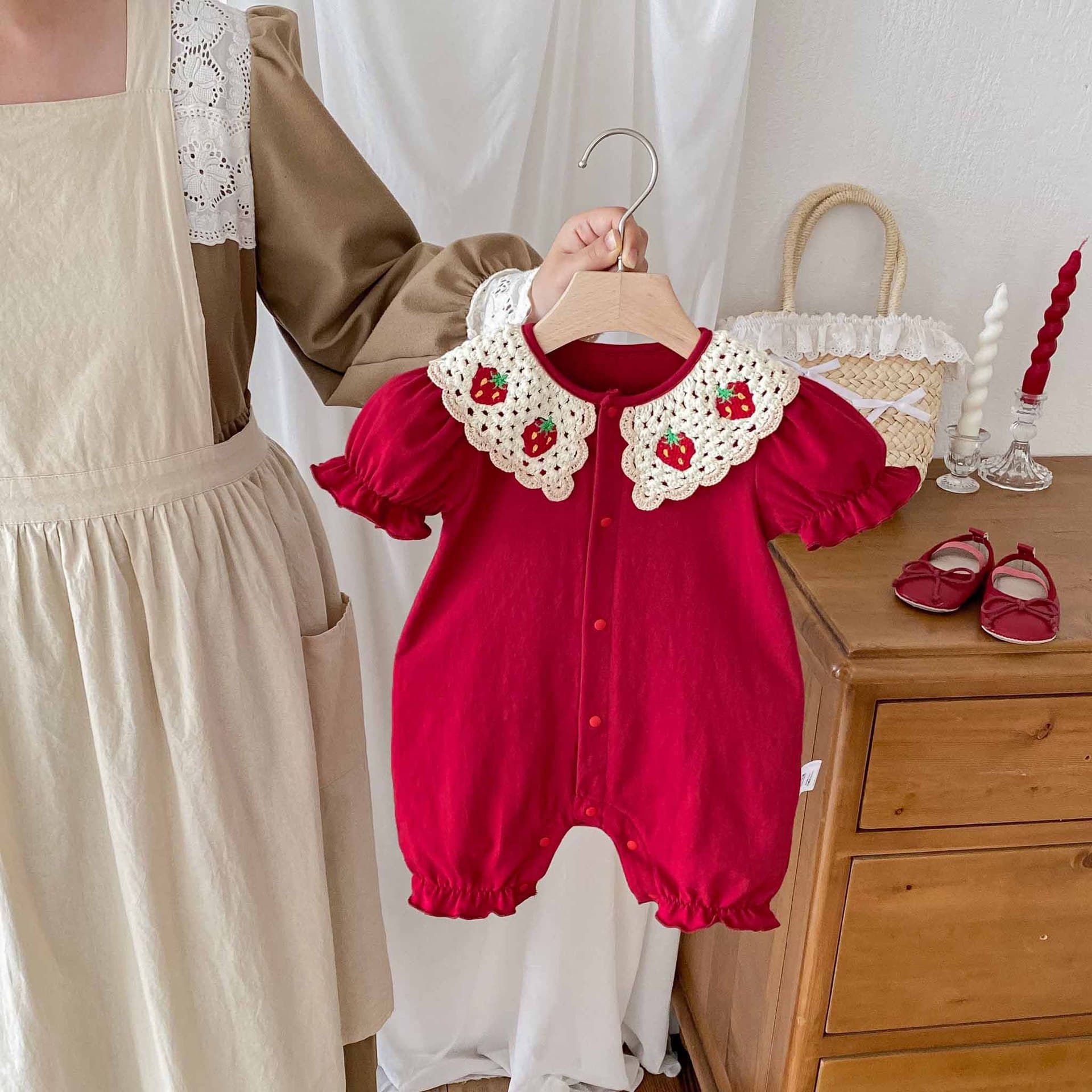 Baby Girl Clothes Summer Thin Cotton Romper Red 100 Days Newborn Bodysuit Birthday Dress