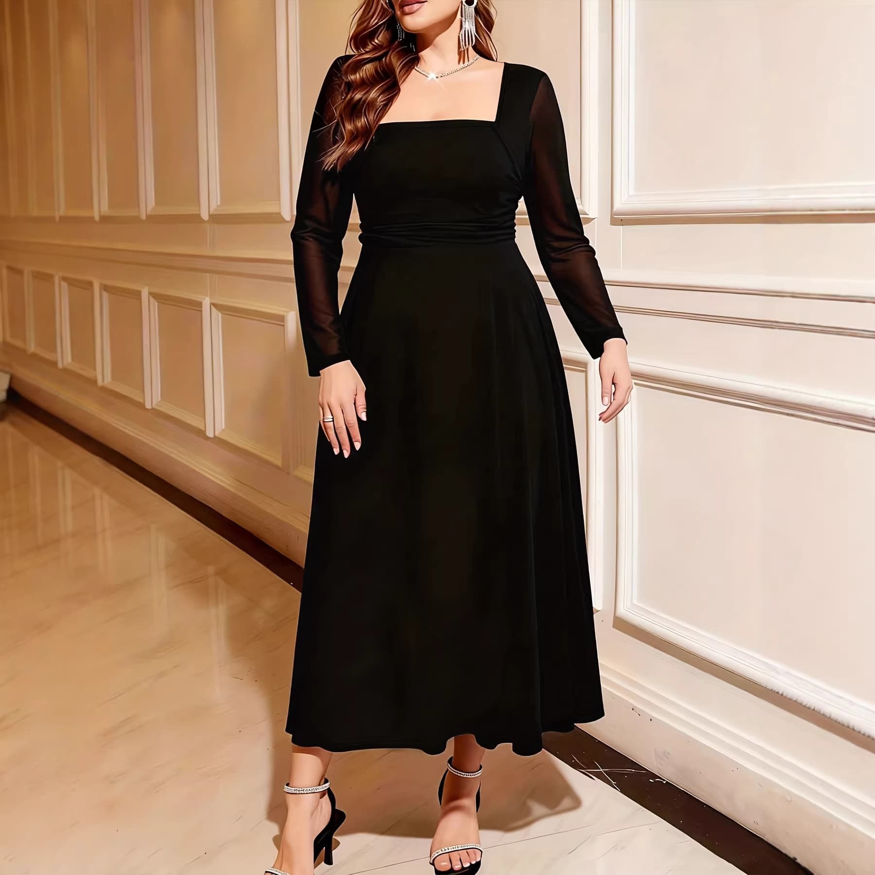 Overseas Plus Size Women's Dress, Slimming Black Velvet Dress for Amazon