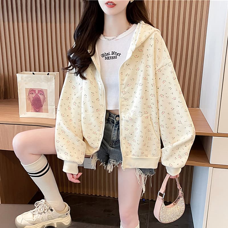 2024 Spring/Fall New Floral Hooded Long-Sleeve Sweatshirt Jacket for Women Students Loose Casual Zip-Up Cardigan Top