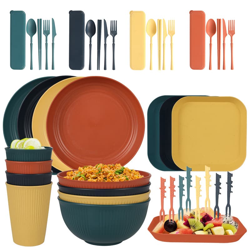 Amazon Wheat Straw Vertical Pattern Dinner Plate Household Soup Bowl Water Cup Knife, Fork Spoon Chopsticks Dish Plate Tableware Gift Set