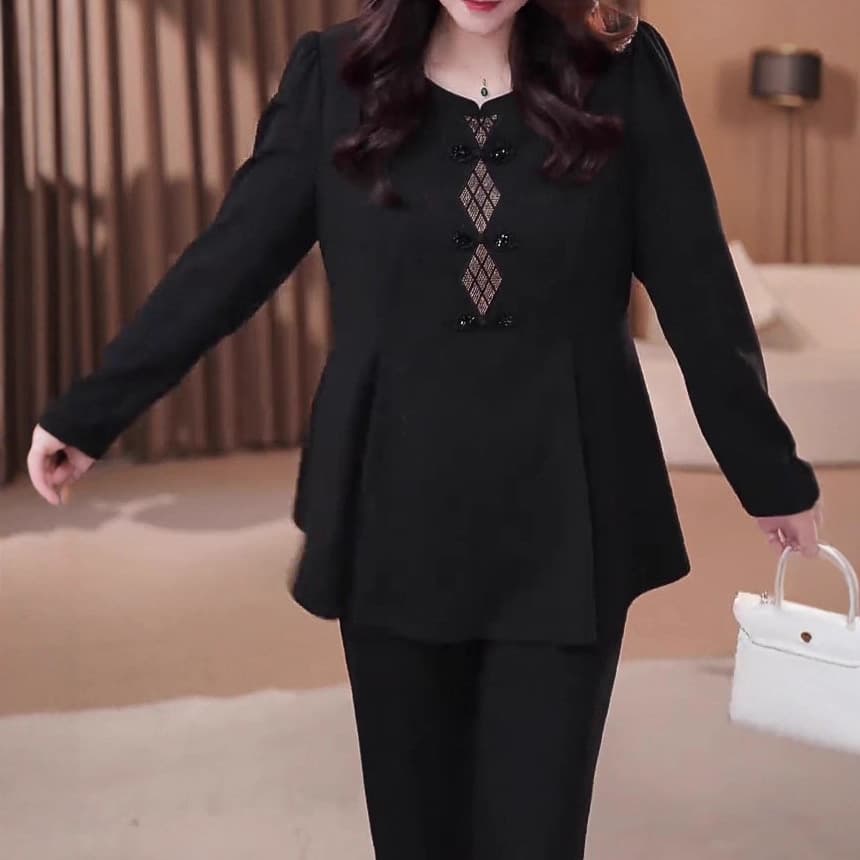 2025 Early Autumn Fashion Crystal High-End Long Sleeve Retro Frog Button Slimming Plus Size Blouse for 240 Jin Women