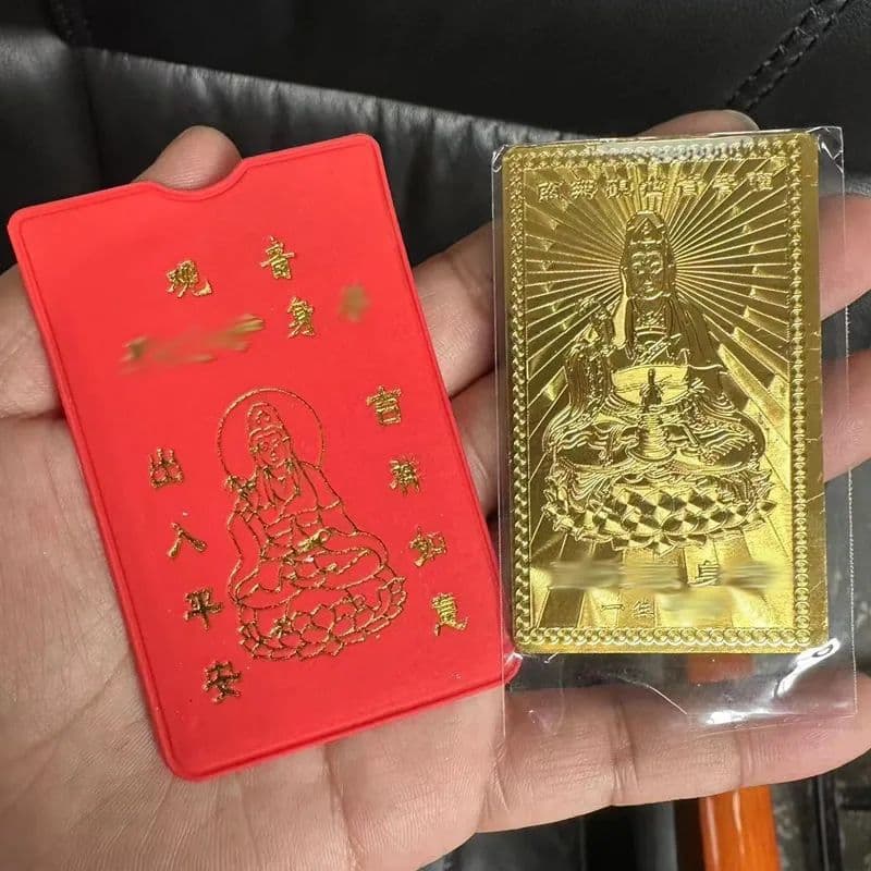 Guanyin Gold Card, Metal Buddha Card, God of Wealth Gold Card, Peace and Fortune Card, Red Leather Case, Portable Wallet, Phone Case, Ornament