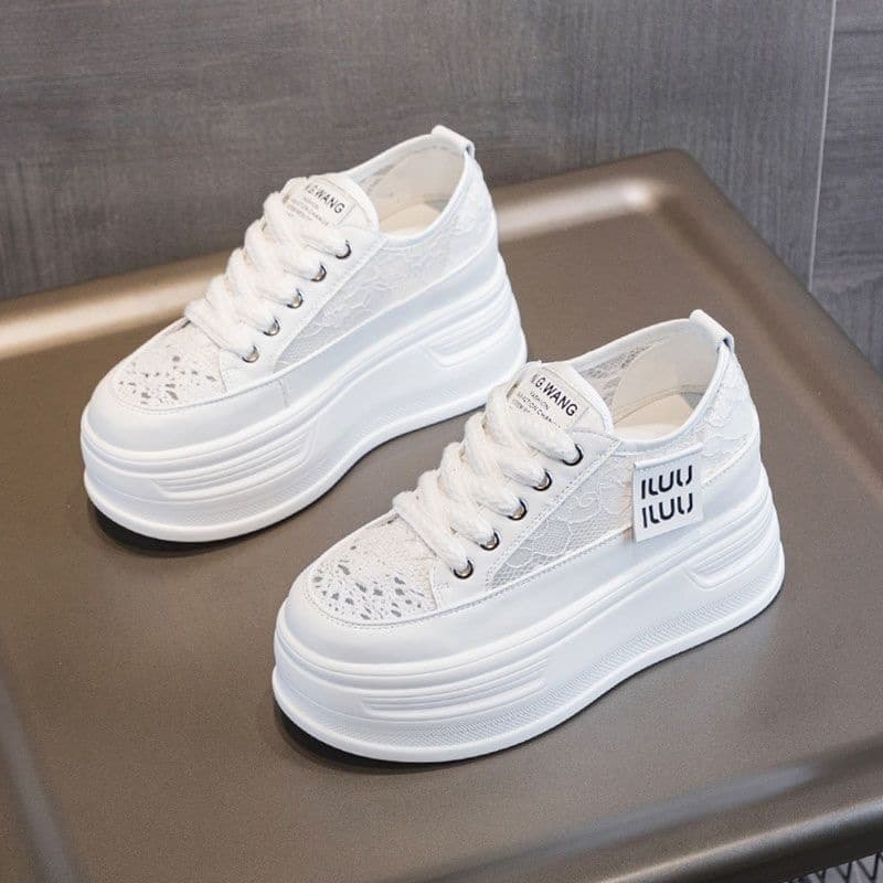 Leather Mesh Breathable White Casual Shoes for Women 2025 Summer New Style Versatile Thick Sole Height Increase Platform Sneakers