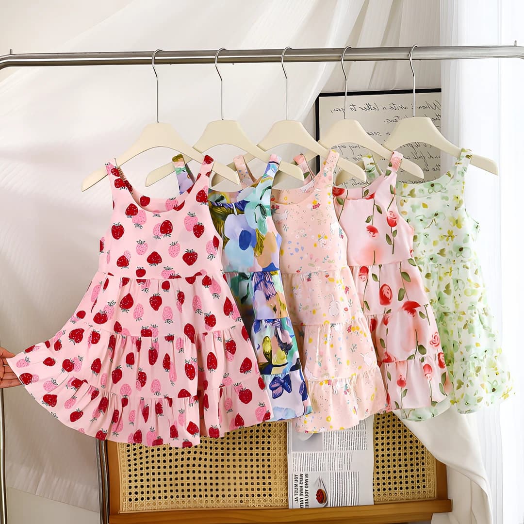 New Children's Cotton Silk Dress Summer Thin Princess Dress Floral Print Girls Fashionable Suspender Dress Wholesale