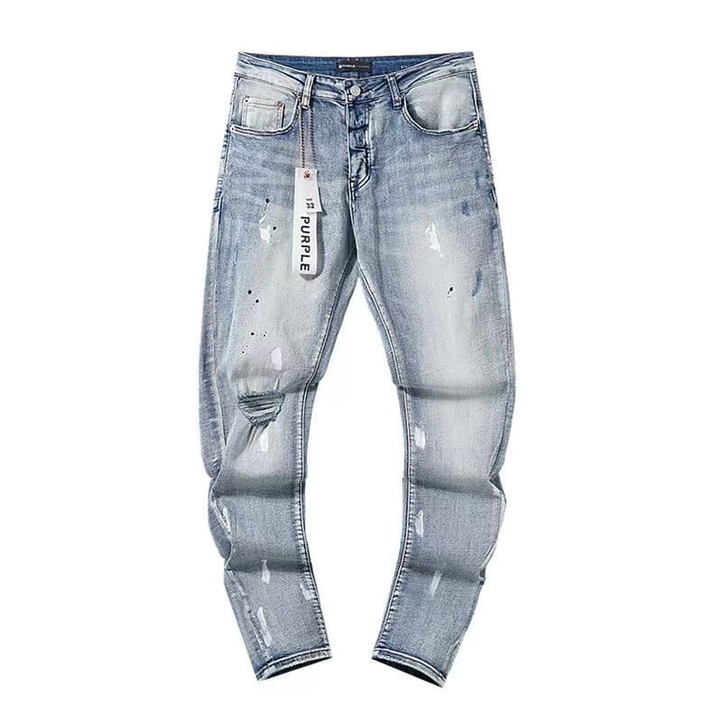 High-End AM Export Style Punk Vintage Blue Ripped Slim Fit Stretch Printed Dyed Skinny Jeans for Men