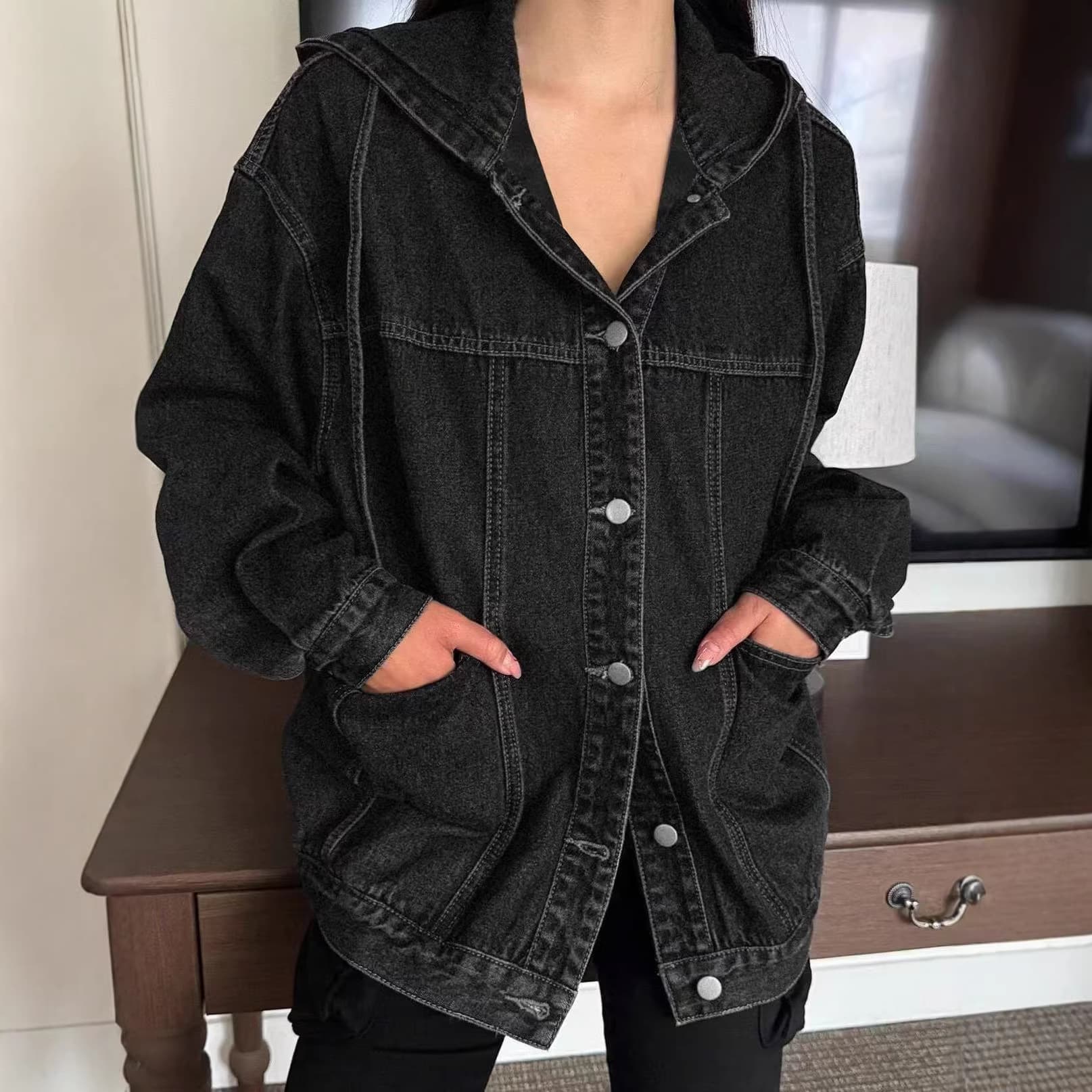 Cross-Border European and American Early Spring New Fashion Black Denim Jacket for Women, Women's Retro Casual Hooded Denim Jacket