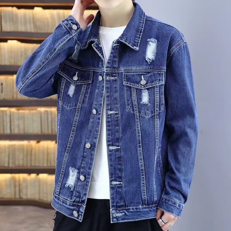 Spring and Autumn Thin Denim Jacket Men's Casual Denim Jacket with Holes Korean Style Loose Workwear Jacket