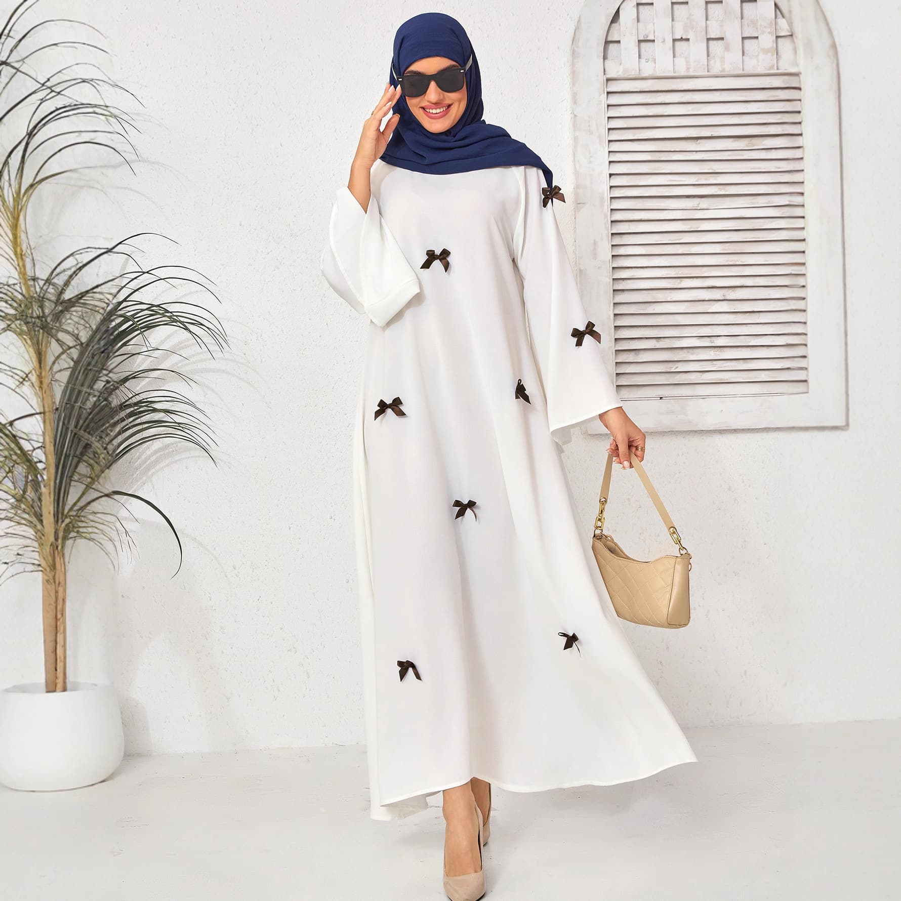Amazon Bow Decorated Bell Sleeve Abayadresses Loose Dress Ethnic Style Elegant