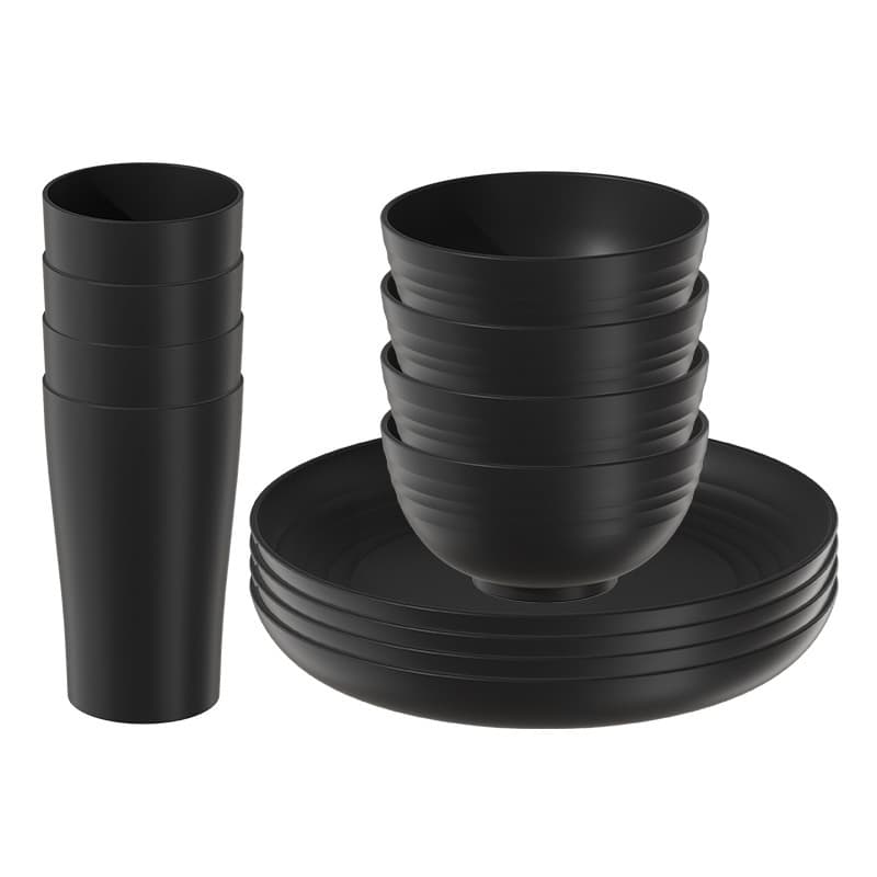 Cross-border Amazon Plastic Plate Bowl Cup Black Tableware Home Dinner Plate Water Cup Salad Bowl 12-Piece Set Custom Logo Available