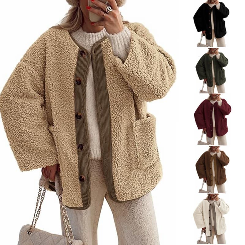 Amazon 2025 Women's Warm Winter Coat Collarless Casual Long Sleeve Button Plush Faux Shearling Jacket