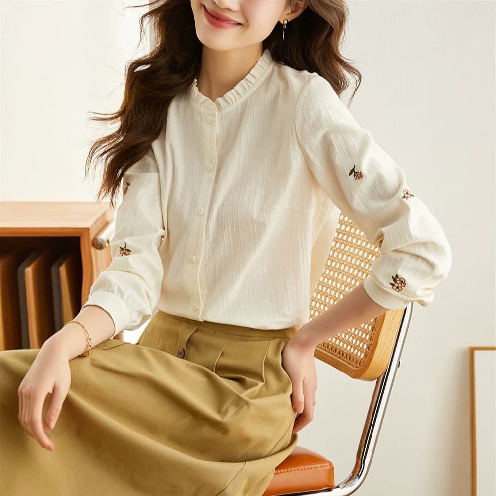 European Style Spring/Fall Stand Collar Light Luxury Blouse for Women, Designer Floral Embroidery Long Sleeve Top