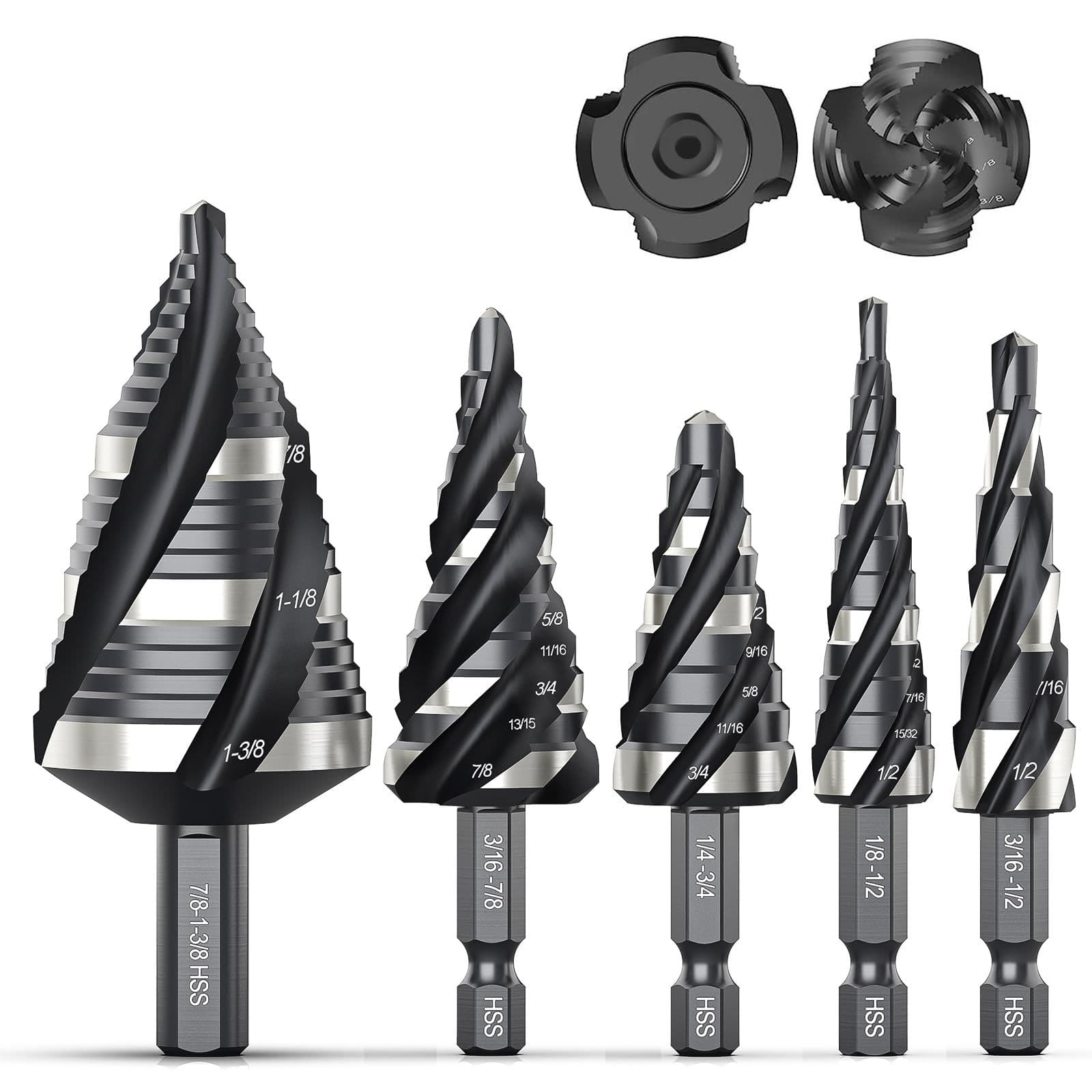 5PCS four-spiral flute step drill bit set 1/8-1-3/8" 1/4" 3/8" M2 high-speed steel metal drill bit