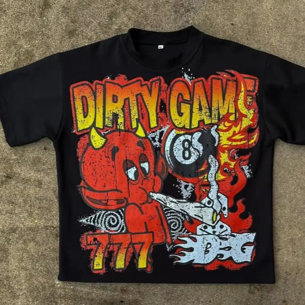 2025 New Short-Sleeved Dirty Gam T-Shirt with Custom Print, Cross-Border American Streetwear Retro Round Neck