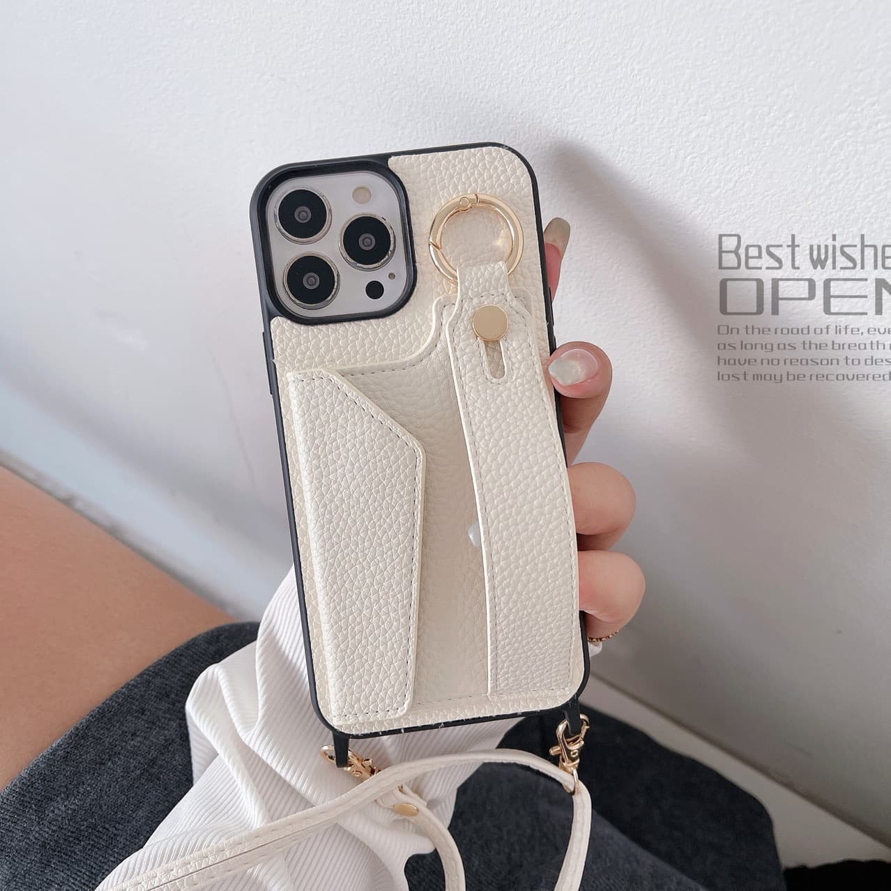 Wrist Strap Phone Case for iPhone 16 Pro Max, Crossbody Shoulder Strap Card Slot Leather Protective Cover for Apple 12/13