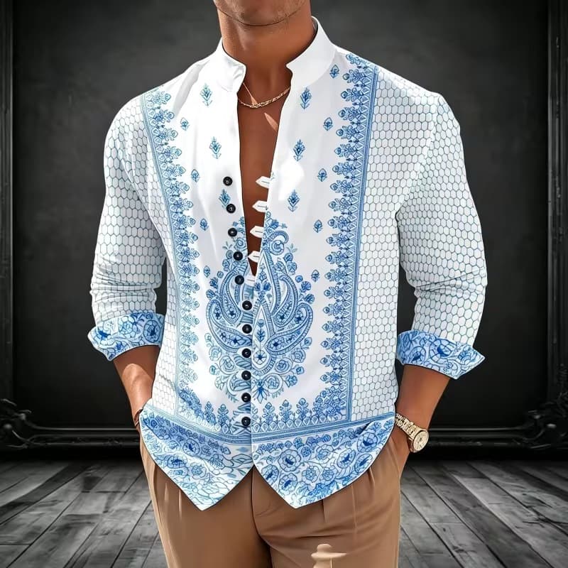 Cross-border Amazon independent station men's shirts retro printed shirts European and American style cardigans long-sleeved tops trend