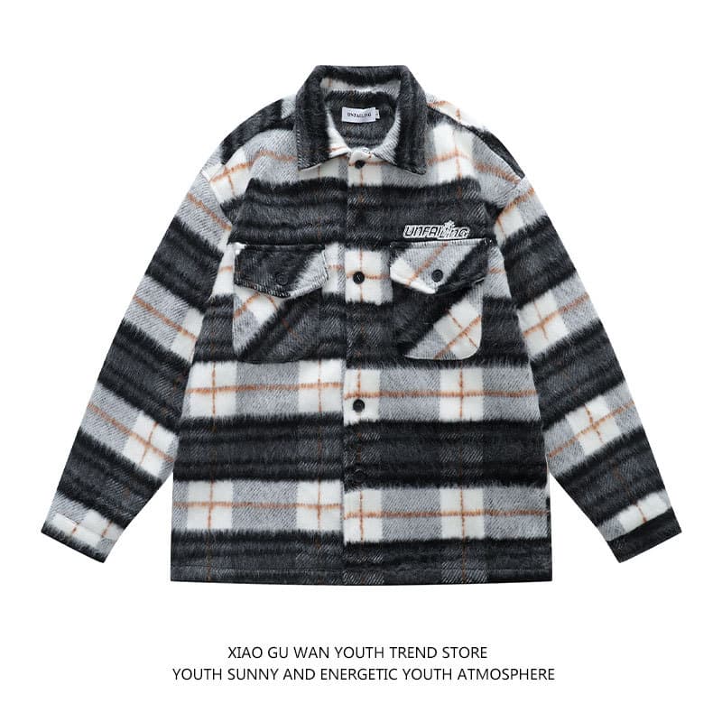 New Autumn/Winter American Style Creative Wool Plaid Lapel Shirt for Men and Women, Loose and Thickened Couple Outerwear