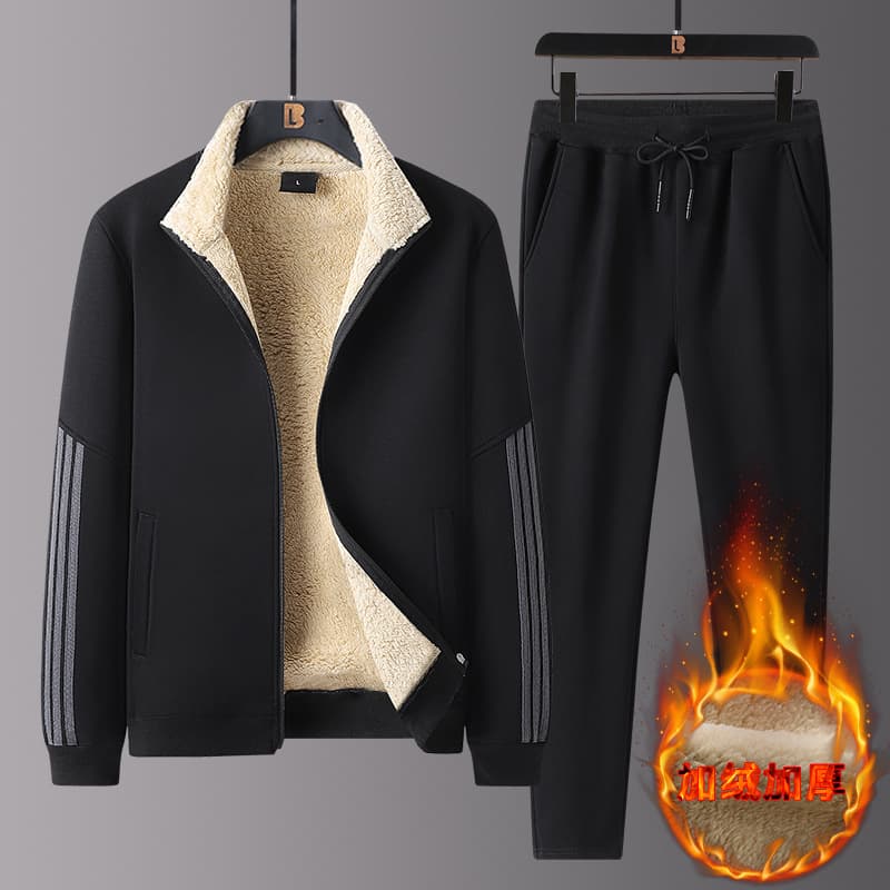 Thickened Two-Piece Sportswear Jacket Lamb Fleece Men's Winter Middle-Aged and Elderly Sports Set Hoodie and Pants
