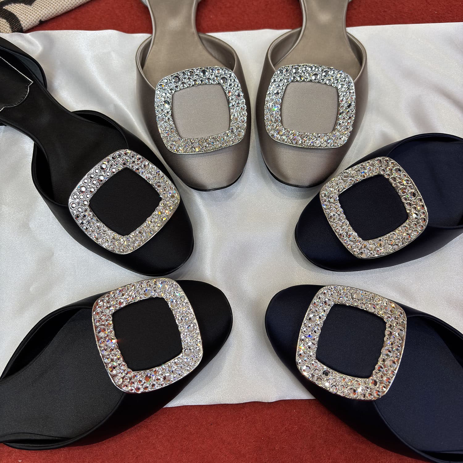 Silk Crystal Buckle Women's Shoes RV Square Toe Single Shoes, Side Open Flat Shallow Mouth Shoes, Banquet Shoes Wedding Shoes Bling Light Luxury