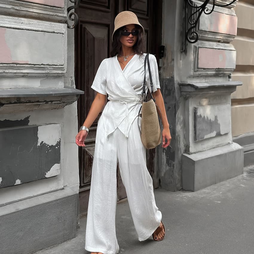 Overseas Trade Women's White Suit Set with Tie Waist, Irregular Hem, Short Sleeve, Long Pants, Chic Commuter Two-Piece Set