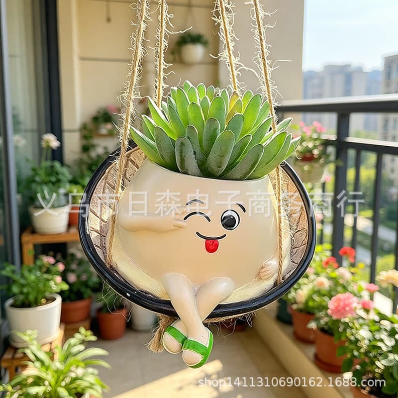 Cross-border New Succulent Cute Smiley Face Hanging Basket Flower Pot Creative Home Courtyard Decoration Succulent Swing Flower Pot Ornament