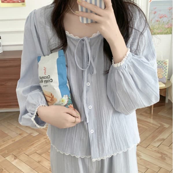 Korean Women's New Pajamas, Korean Style Casual Simple Comfortable Lace Set, Soft Skin-Friendly Homewear