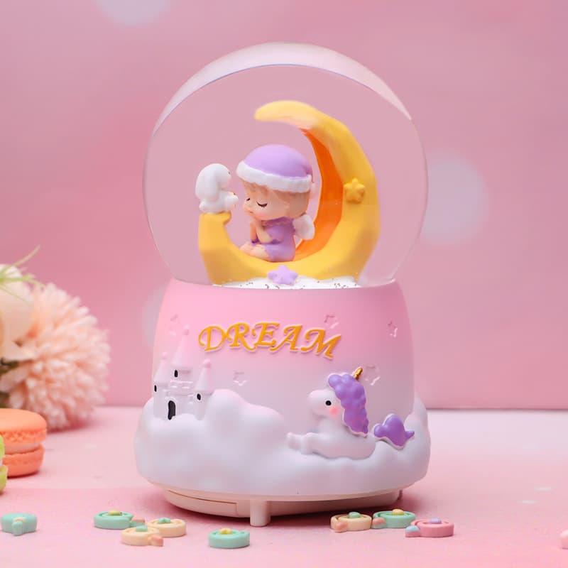 Dream Journey Crystal Ball Music Box, Cute Cartoon Moon Boat Baby Rotating Music Box, Gift for Princess Girl