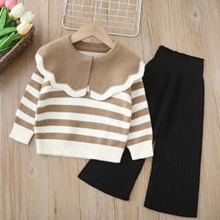 Girls Sweater Two-Piece Set Knitwear Autumn Winter New Large Lapel Little Girl Round Neck Wool Sweater Set