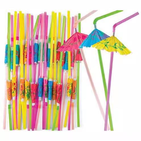 In Stock Wholesale 3D Hawaiian Umbrella Straw Decorations for Party Handmade Art Straws, Fluorescent Colored Stripe Art Tubes