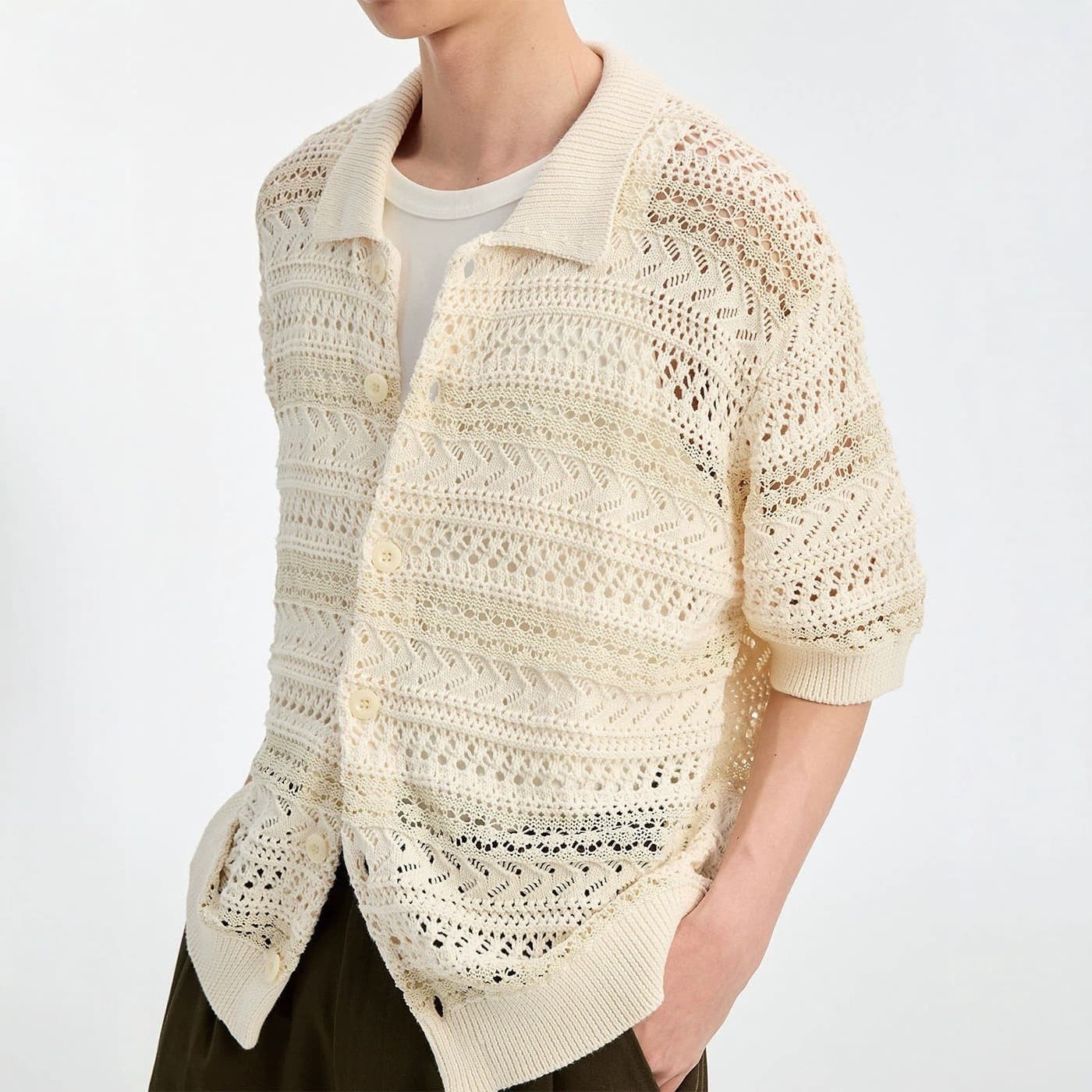 Retro hollow thin textured lapel knitted cardigan jacket lazy short-sleeved shirt men's seaside beach shirt