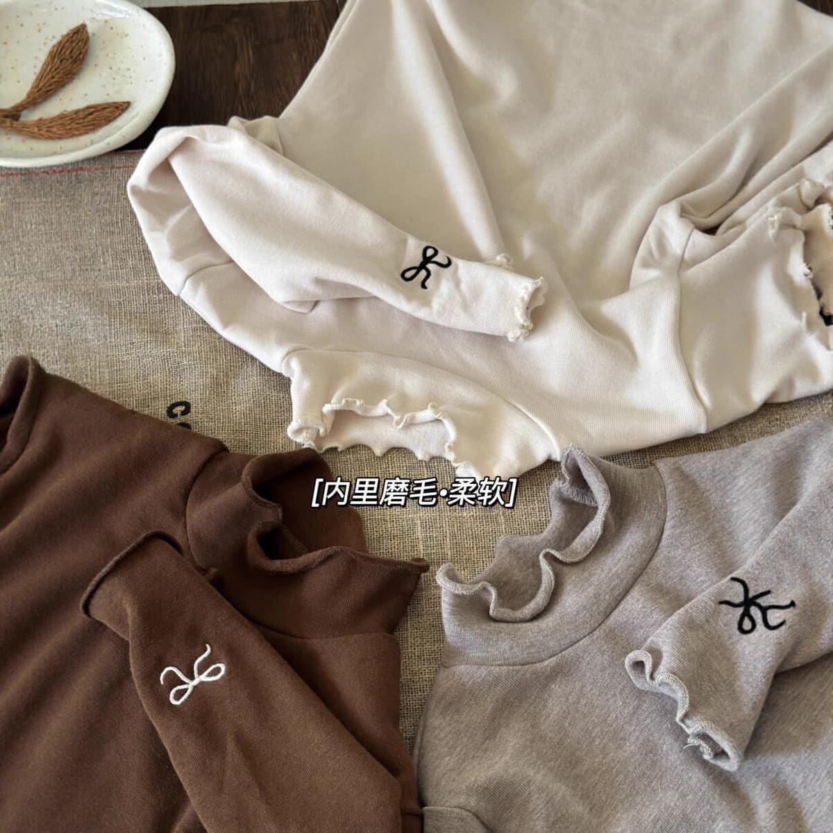 Yu Yu Princess Girls Korean Ruffle Edge Base Layer, Baby Girl Embroidered Bow Solid Color Lace Top with Brushed Fabric