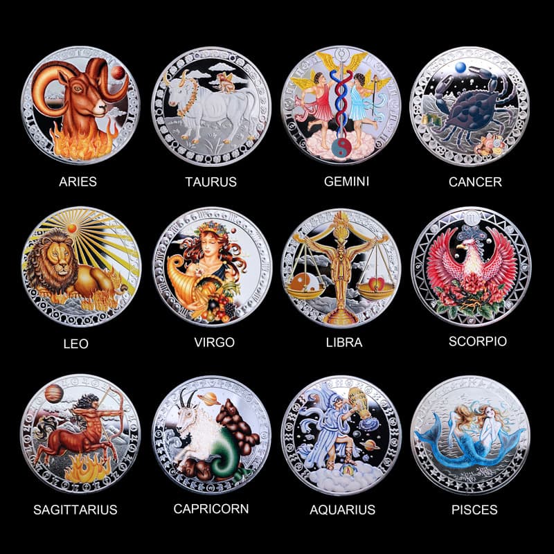 Cross-border Tarot Astrology Pisces Commemorative Coin, Foreign Trade Commemorative Medal, 12 Constellation Set, Commemorative Medal with Relief Metal Emblem