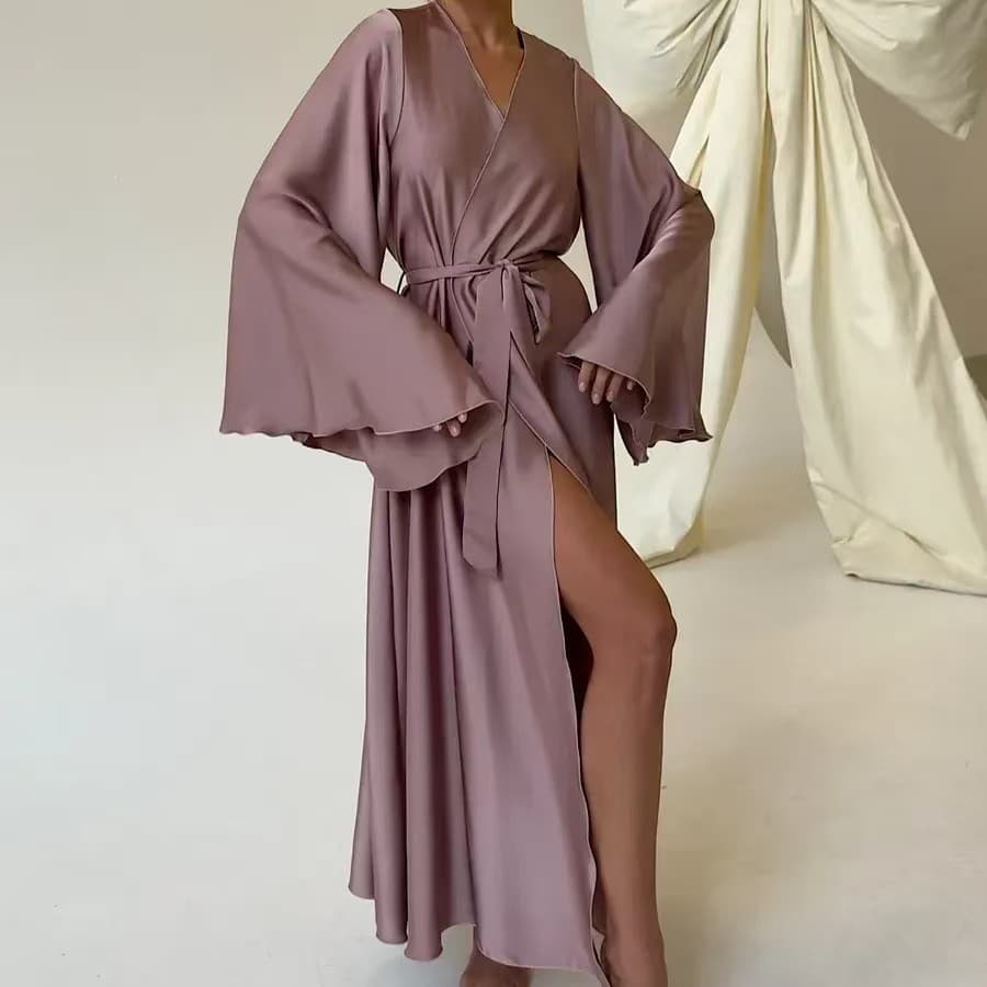 European and American Cross-Border Autumn/Winter Comfortable Casual Elegant Home Women's Tie Robe with Slit Long Dress
