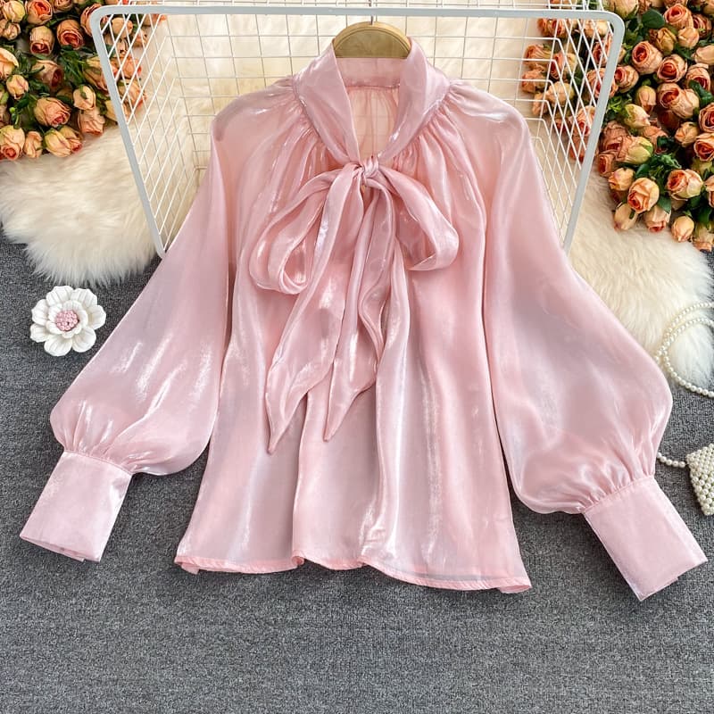 Elegant Loose-fit Women's Shirt Bow Tie Long Sleeve Top