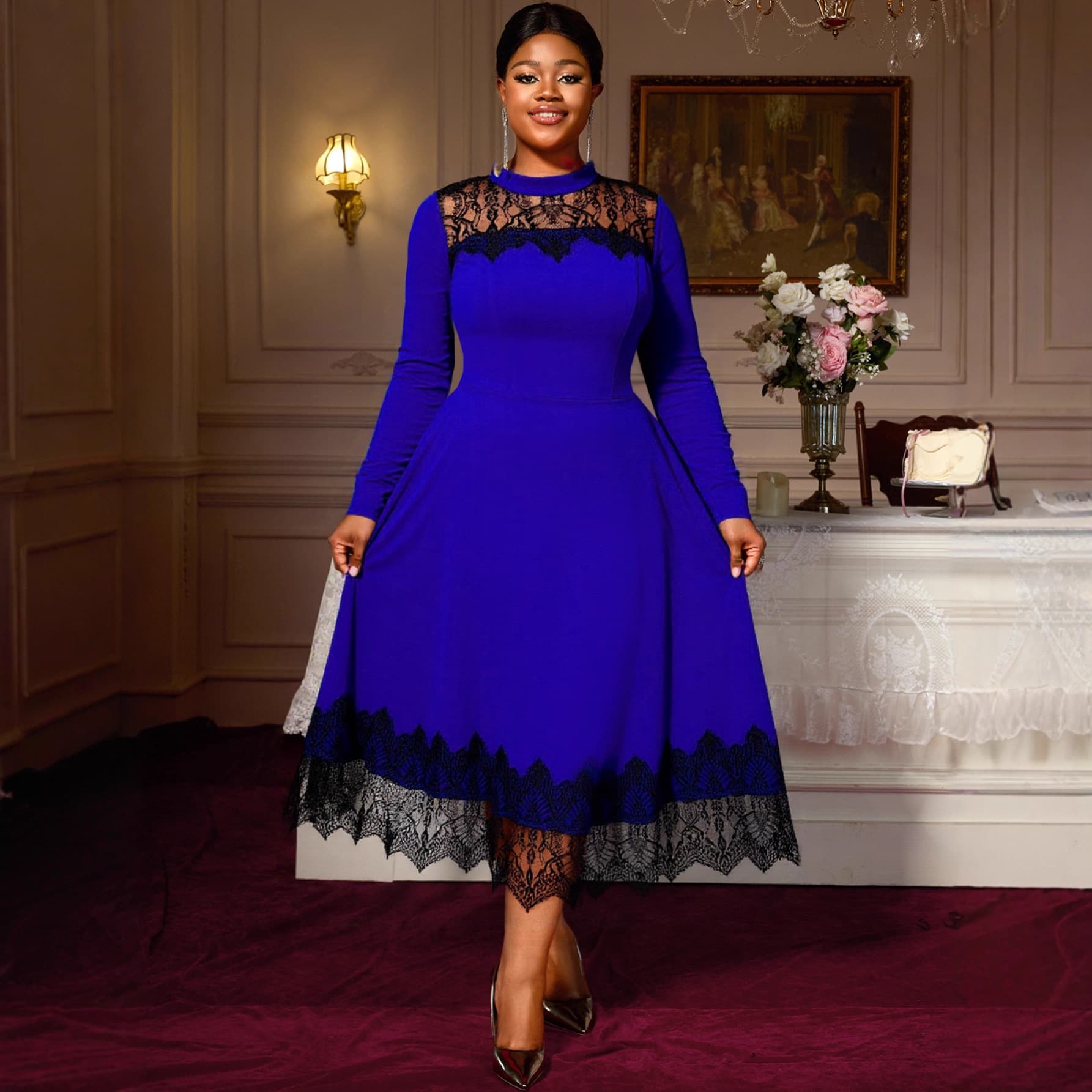European and American Plus Size Women's Blue Lace Patch Long Sleeve Dress Elegant Waist-Cinching Midi Dress