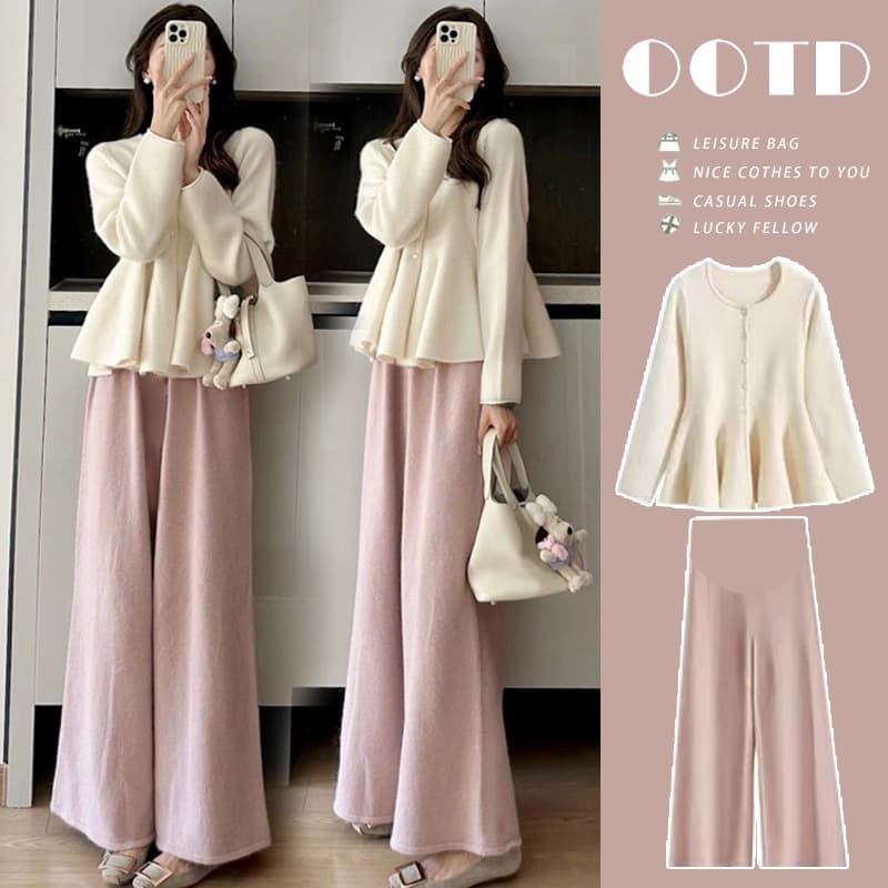 In Stock New Maternity Wear Trendy High-End Knit Sweater to Conceal Belly & Slim Fit + Cashmere Wide-Leg Pants Two-Piece Set