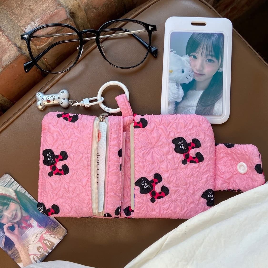 New Black-Pink Cute Cat Card Holder Multi-Layer Wallet Card Case Stylish Storage Portable Bag Men Stainless F2