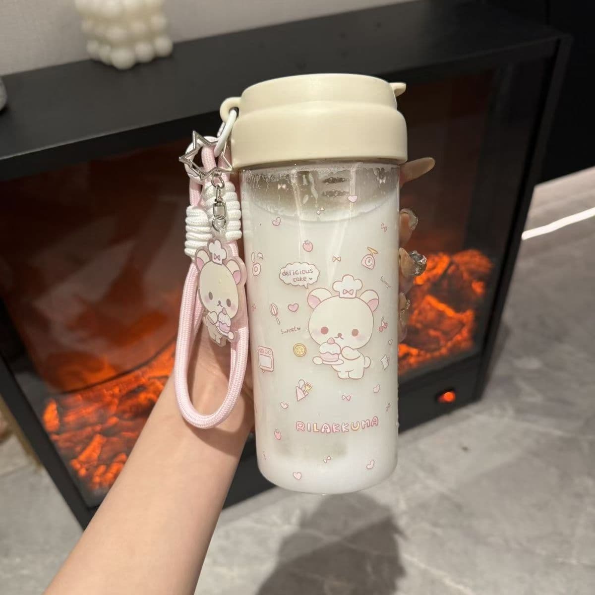 Original Bear Girl Plastic Straw Cute Large Capacity High-Aesthetic Student Coffee Cup, Portable Simple Water Cup