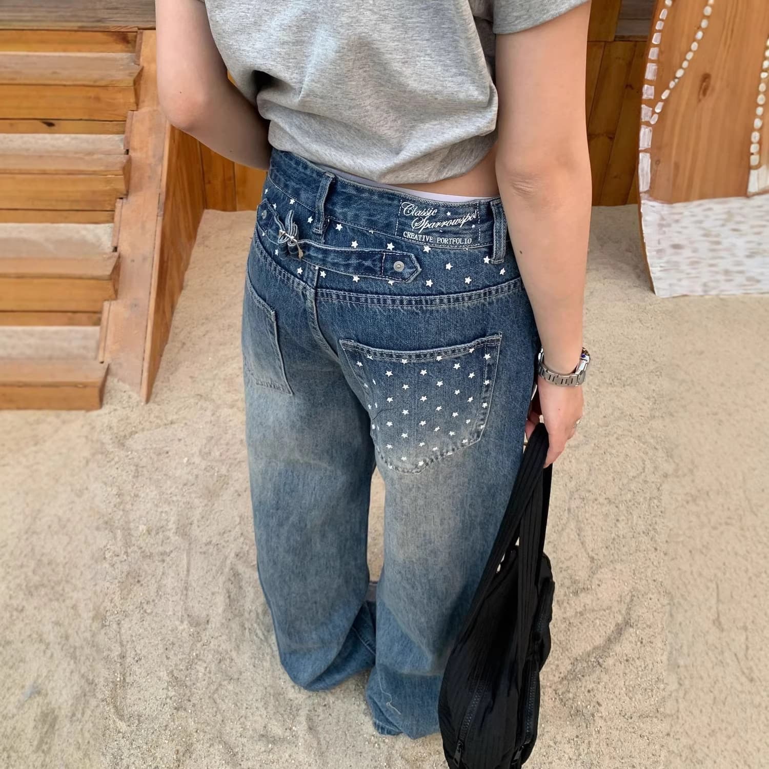 Large size American star printed washed wide-leg jeans for women, spring trendy drapey versatile straight-leg floor-length trousers