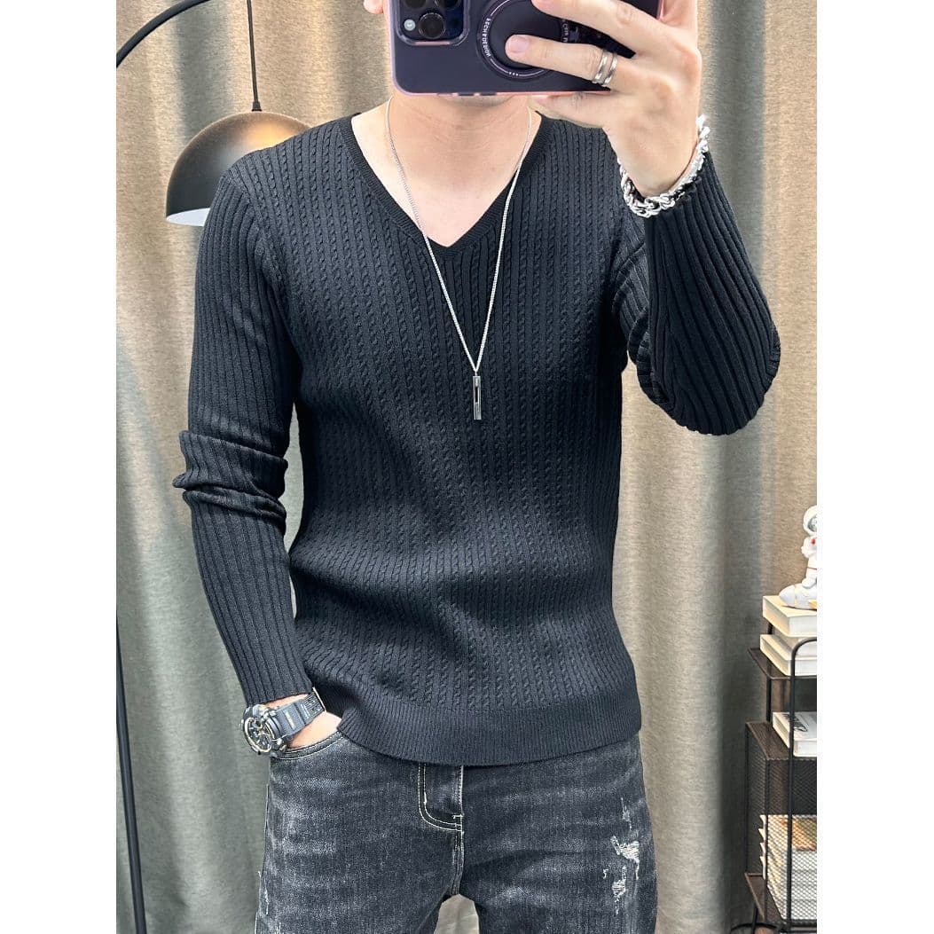 V-Neck Long Sleeve Sweater Men Autumn/Winter New Stretch Slim Fit Solid Color Knitwear Inner Layer Base Shirt Knit Top