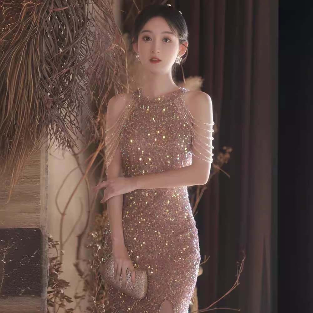 Banquet evening dress, high-end, dignified and elegant 2026 new long-sleeved mesh host dress