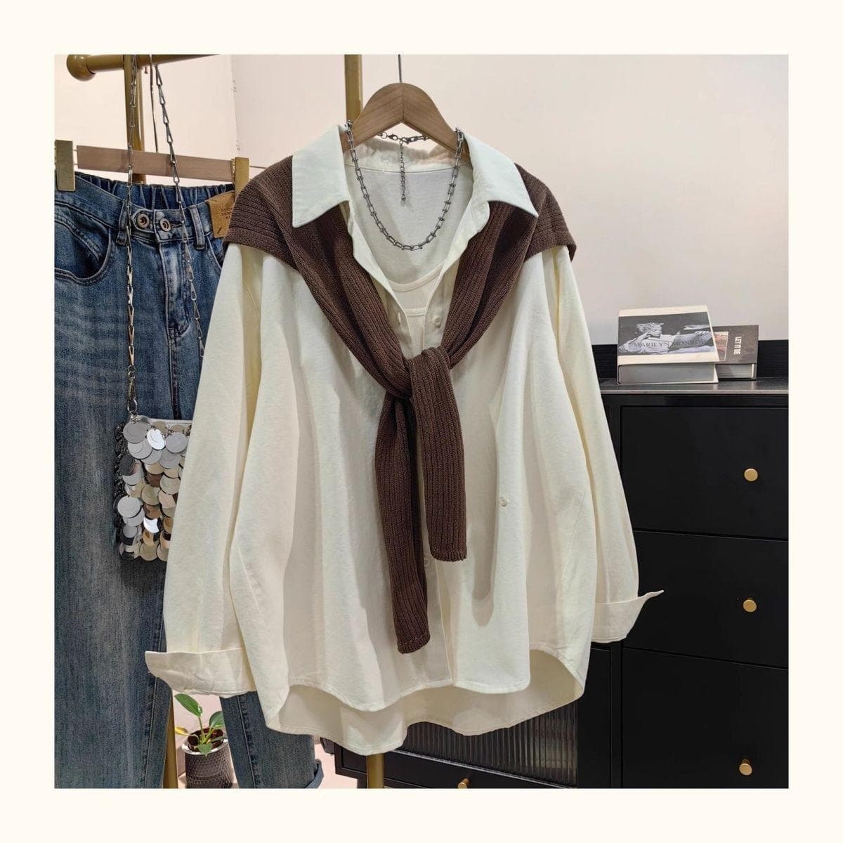 2026 Early Summer New Korean Style White Shirt with Layered Knit Shawl for Women, Slimming Elegant Blouse Outerwear Top