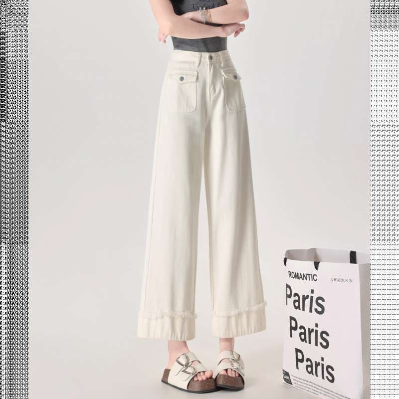 2026 New White Jeans for Women Autumn New Patchwork Hem Loose Fit Hip-Covering Casual Denim for Pear-Shaped Body