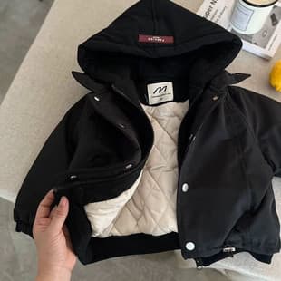 Children's Cotton-Lined Hooded Jacket Winter Boys' Solid Color Hooded Windbreaker Kids' Thick Cotton Coat Girls' Stylish Cotton Padded Jacket