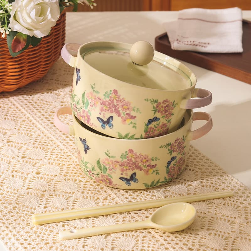 Retro Purple Flower Ceramic Instant Noodle Bowl with Lid and Spoon, Double-Ear Soup Bowl, Large Capacity Snail Noodle Bowl, Personal Use Tableware
