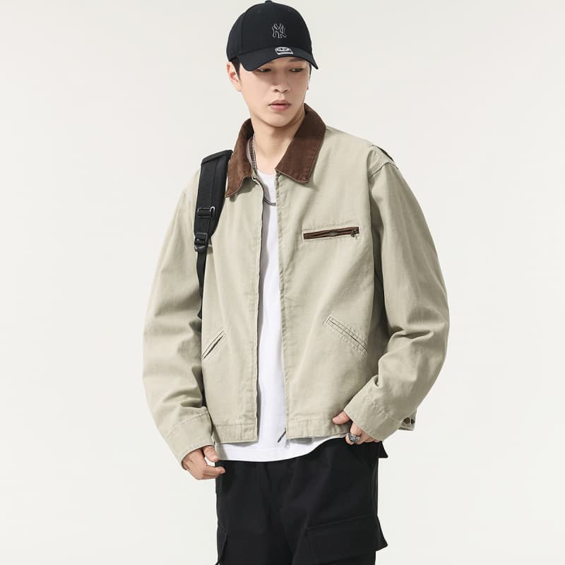 2026 Autumn/Winter American Retro Zip-Up Short Detroit Workwear Jacket for Men, Barn-Style Lapel Casual Coat