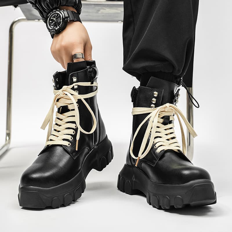 Ins British Style Genuine Leather Thick Sole Men's Martin Boots Men Height-Increasing Work Boots Genuine Leather Zipper Motorcycle High-Top Shoes