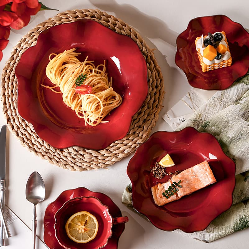 Glazed Red Premium Dinnerware Set - Bowls, Cups, and Plates for Wedding, Home, and New Home Gift - High-Quality Ceramic
