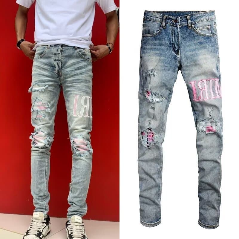 High-End American Foreign Trade Style Punk Retro Blue Ripped Slim-Fit Stretch Printed and Dyed Skinny Men's Jeans