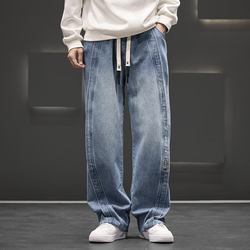 JYF-A501 Fleece-Lined M-8XL Denim Jeans American Street Retro Elastic Waist Men's Casual Loose Fit