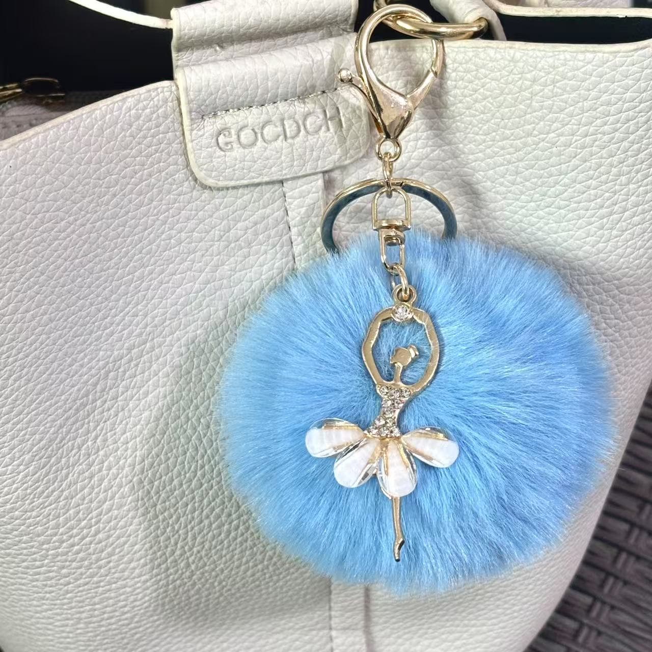 Cute Rhinestone Angel Ballet Girl Pom Pom Keychain Faux Rabbit Fur Ball Bag Charm Wholesale